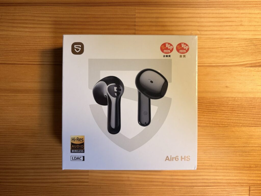 SOUNDPEATS Air6 HSのパッケージ表面。VGP2026金賞・企画賞のロゴ入り