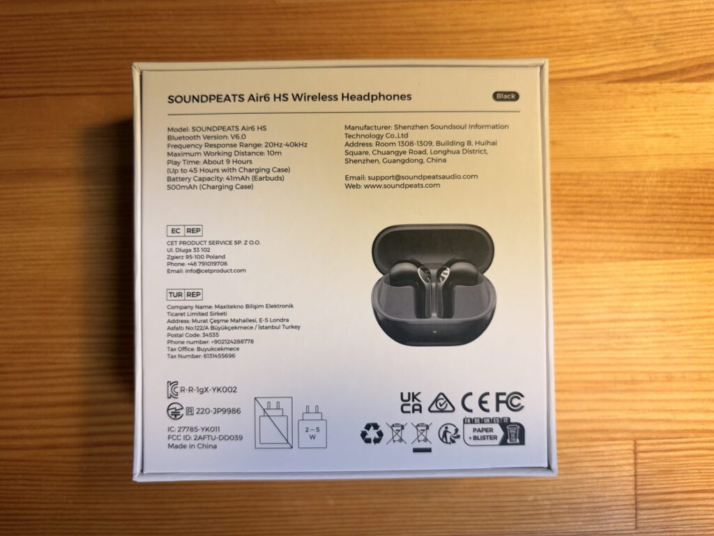 SOUNDPEATS Air6 HSのパッケージ裏面のスペック表記