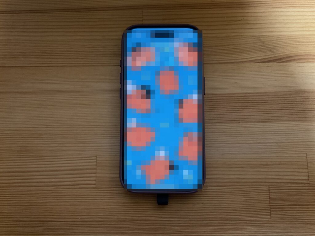 MOVASレザーケースを装着したiPhone 18 Proの正面（画面はモザイク処理）
